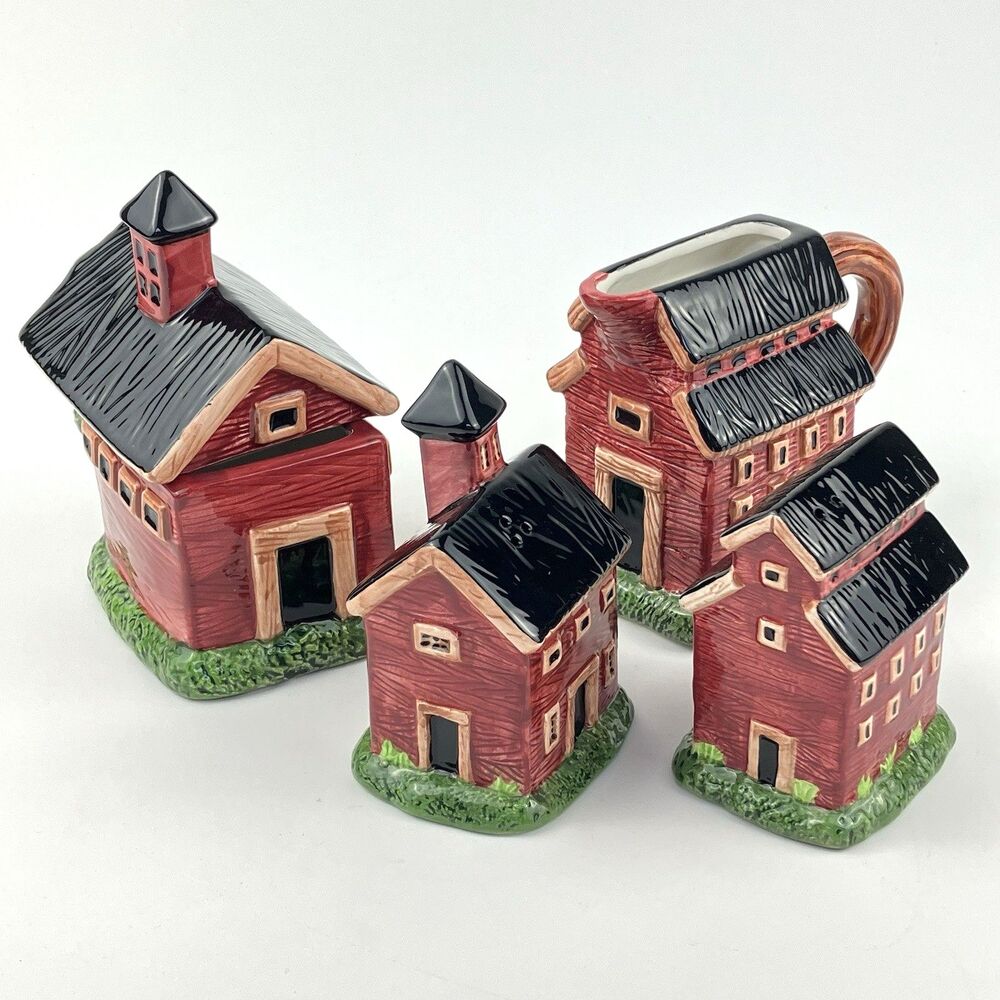 Warren Kimble Sakura Red Barns | Hand Painted Ceramic Salt & Pepper Full Set VTG